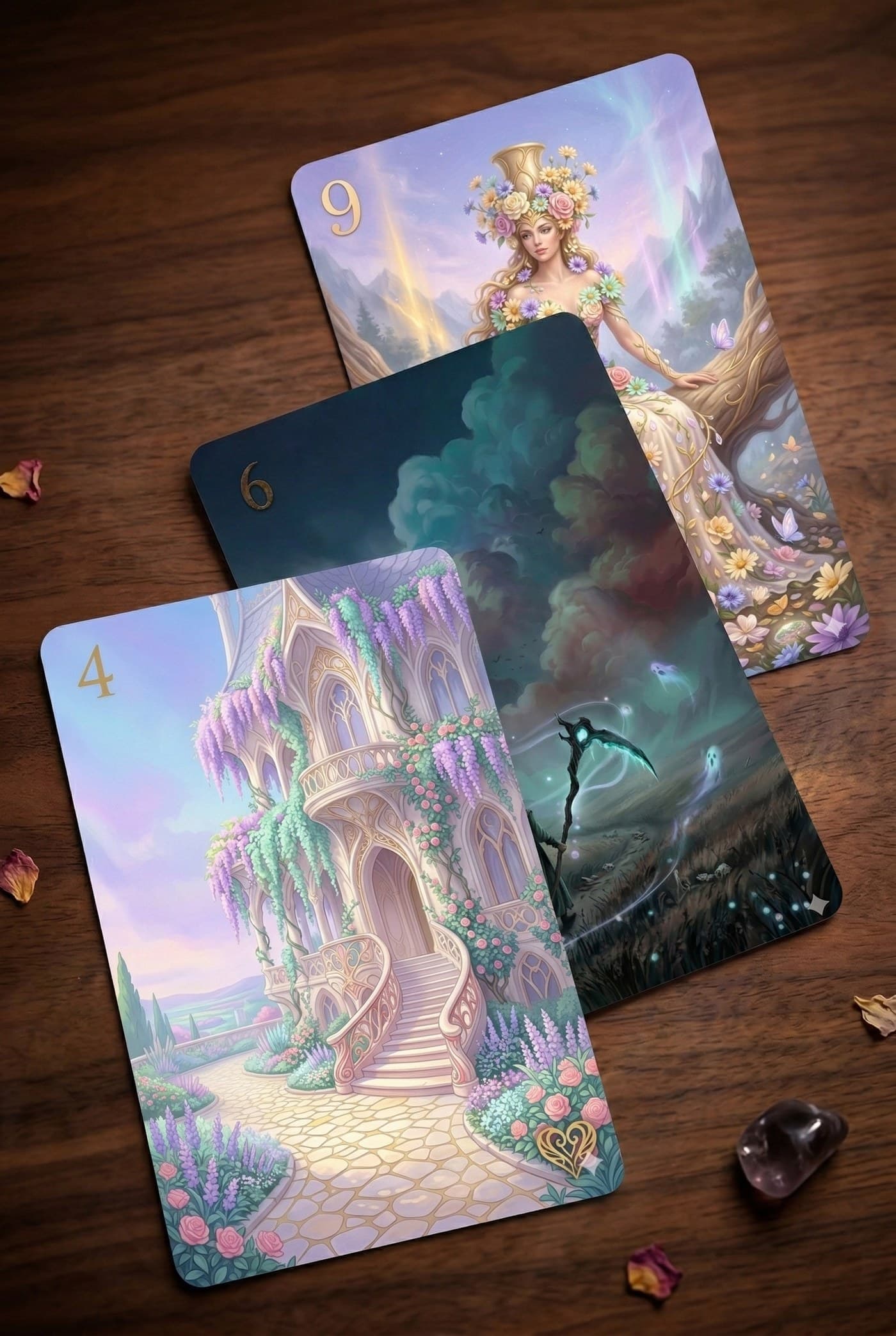 Drei Karten des Lenormand-Decks: Blumenstrauß, Wolken und Haus mit goldenen Ziffern